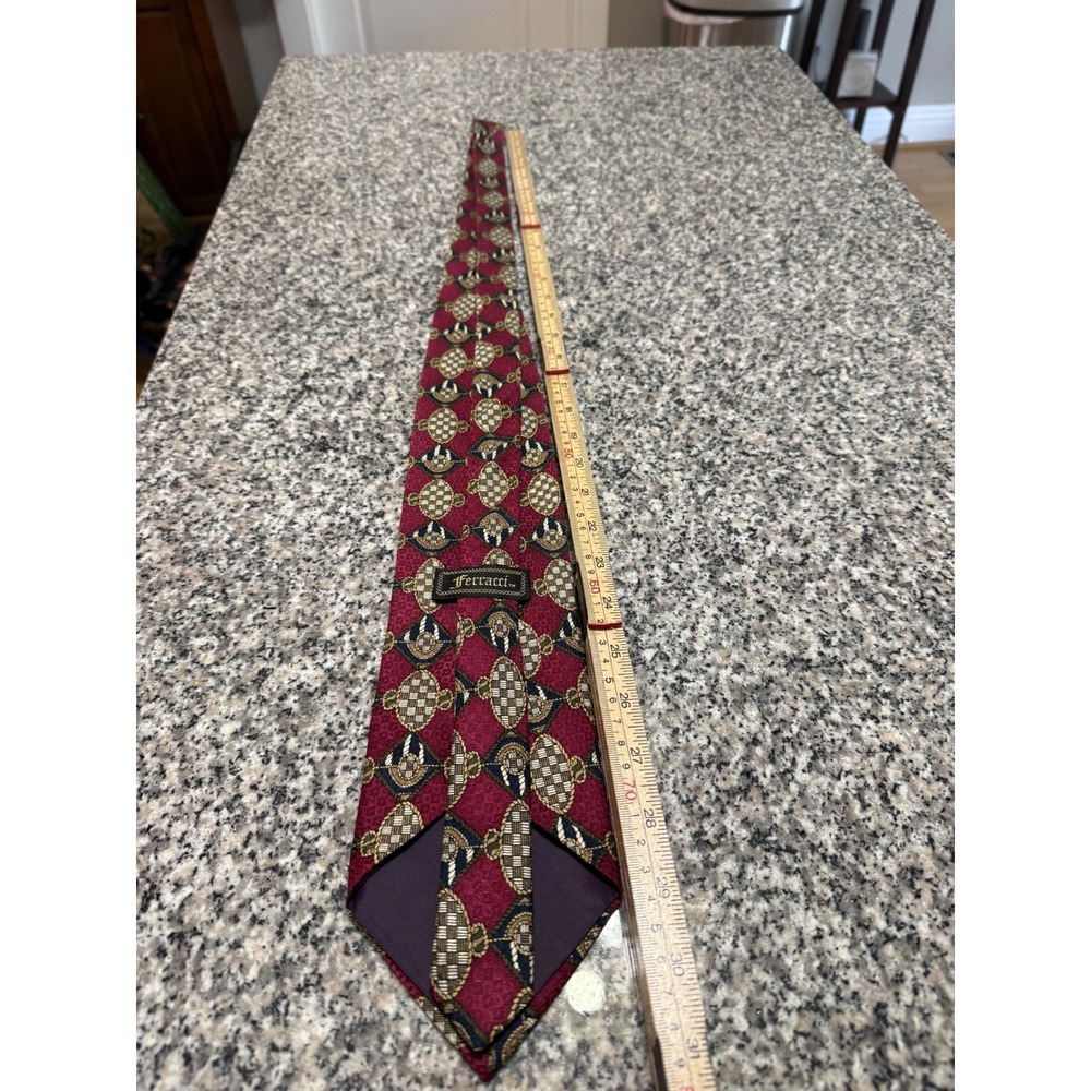 Ferracci Silk Necktie Mens One Size Burgundy Geometric Medallion Good Nautical
